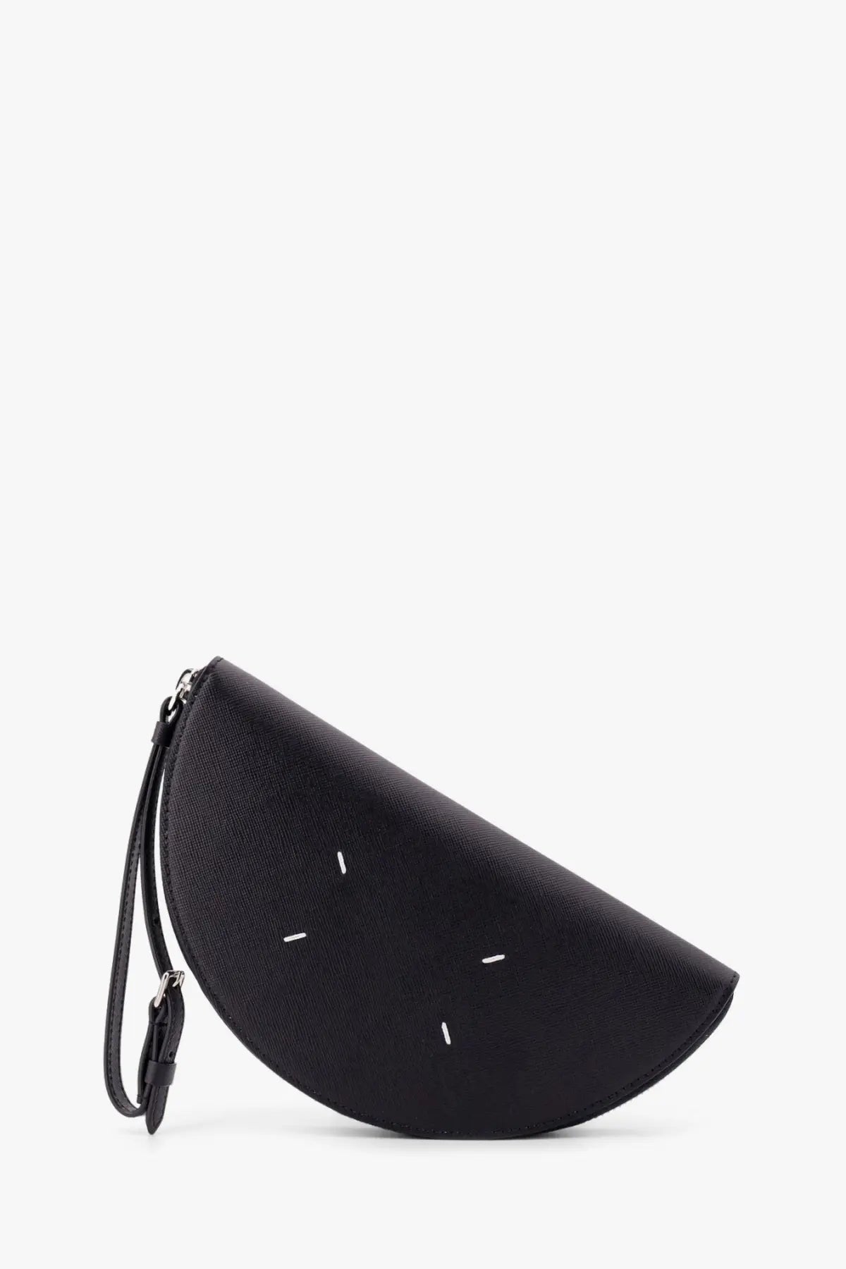 Maison Margiela men’s black leather pochette clutch shaped like half watermelon with white stitching and wrist strap