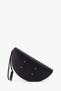 Maison Margiela men’s black leather pochette clutch shaped like half watermelon with white stitching and wrist strap
