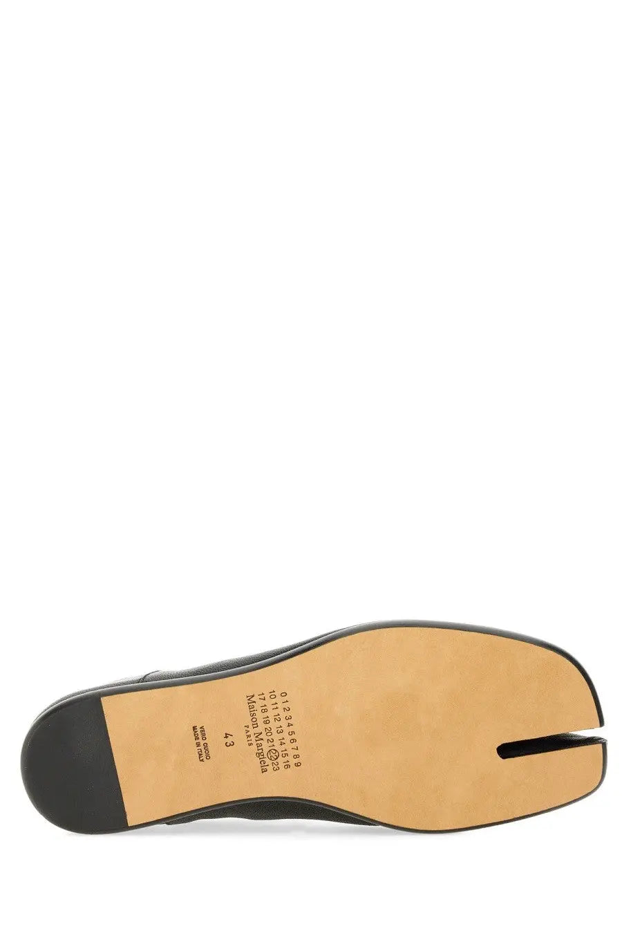 Maison Margiela men’s black leather tabi mules with split toe design and tan insole shown from the back side