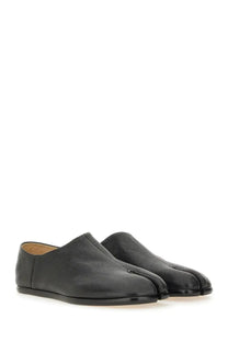 Maison Margiela men’s black leather tabi mules with minimalist design and stitched toe separation visible from the back