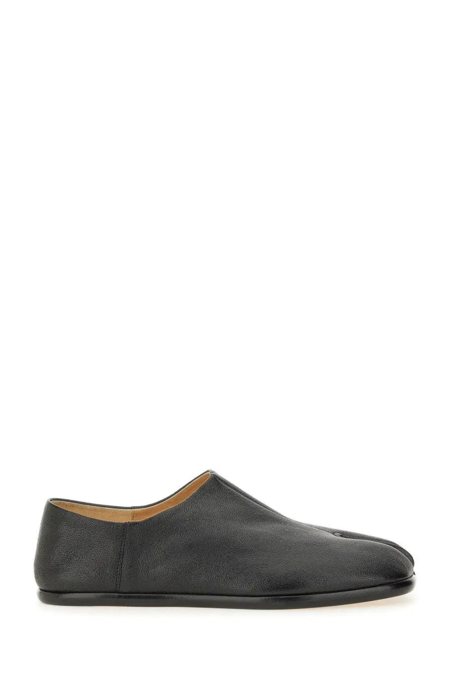Maison Margiela men’s black leather tabi mules with a minimalist design and stitched toe seam slip-on loafer