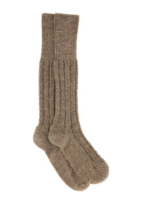 A pair of maison margiela men’s long brown wool socks with taupe cable knit ribbed cuff and toe