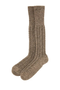 Maison Margiela men’s long socks in brown taupe ribbed knit wool with textured cable pattern and snug cuff