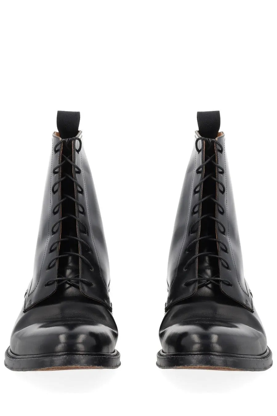 Maison Margiela men’s black leather lace-up boots with polished finish and rounded toe perfect for casual wear