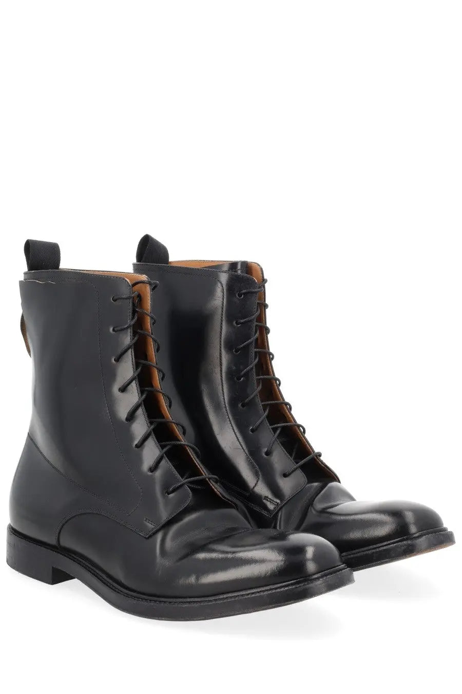 Maison Margiela men’s loved to death black leather lace-up combat boots with polished finish and brown lining
