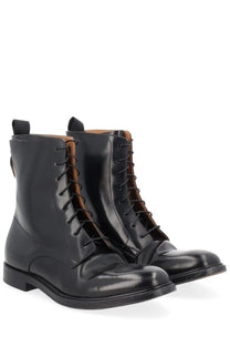Maison Margiela men’s loved to death black leather lace-up combat boots with polished finish and brown lining