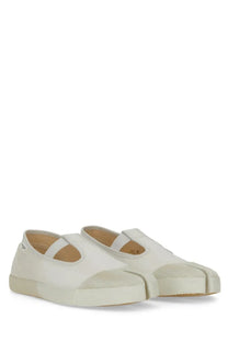 Maison Margiela men’s Mary Jane tabi white cream canvas slip-on shoes with distinctive toe separation and minimalist straps