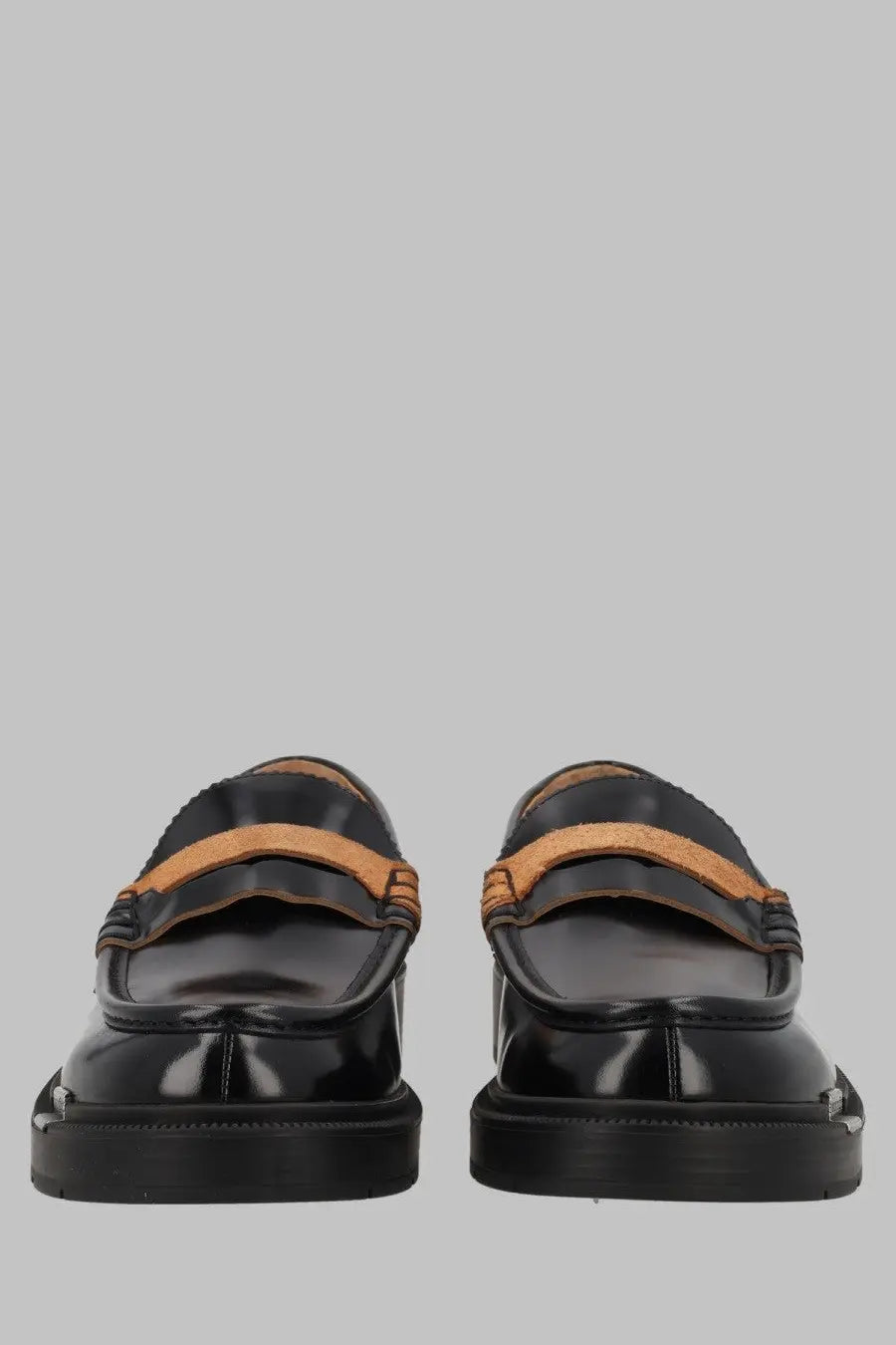 Maison Margiela men’s mocassino écortiqué black patent leather loafers with tan suede accents and chunky rubber sole