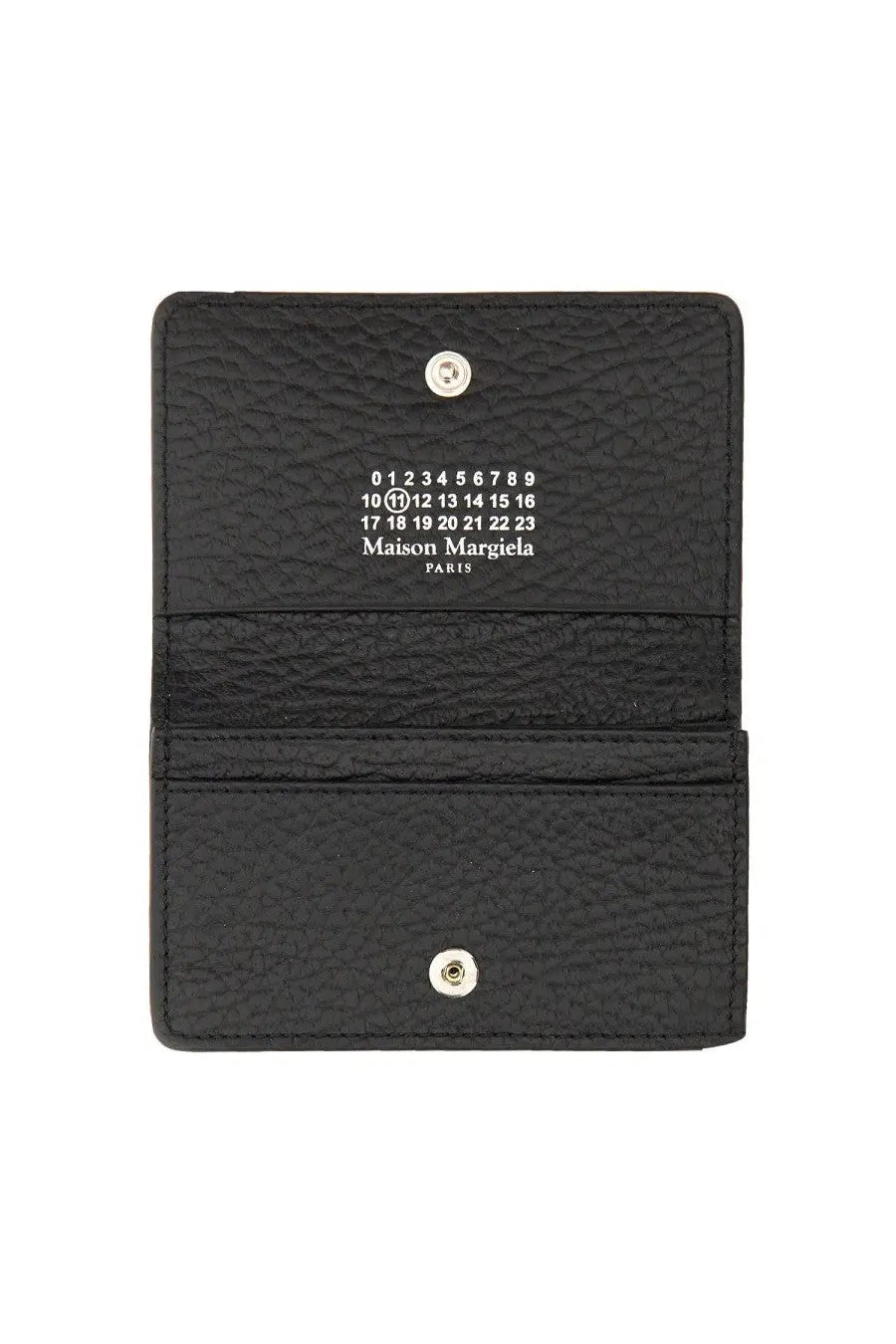 Maison margiela men’s portacarte compatto black textured leather card holder with silver snap buttons and white branding