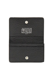 Maison margiela men’s portacarte compatto black textured leather card holder with silver snap buttons and white branding