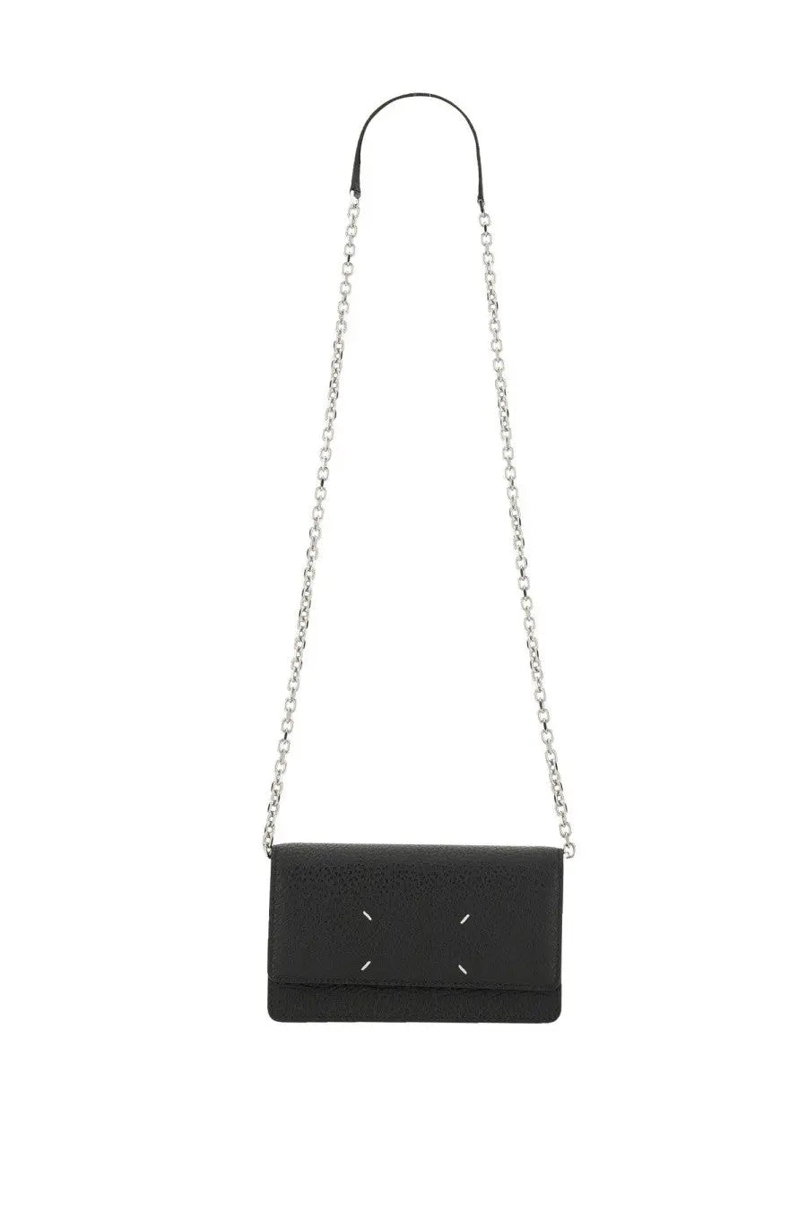 Maison Margiela men’s portafoglio large con catena black leather crossbody bag with silver chain strap and white stitching