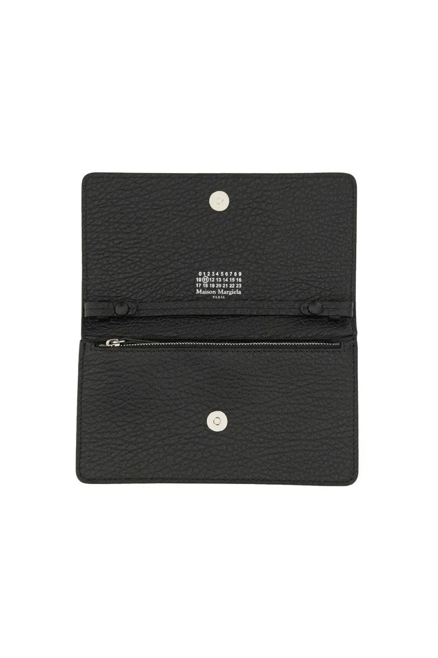 Maison Margiela men’s large black textured leather wallet with silver hardware and minimalist logo design