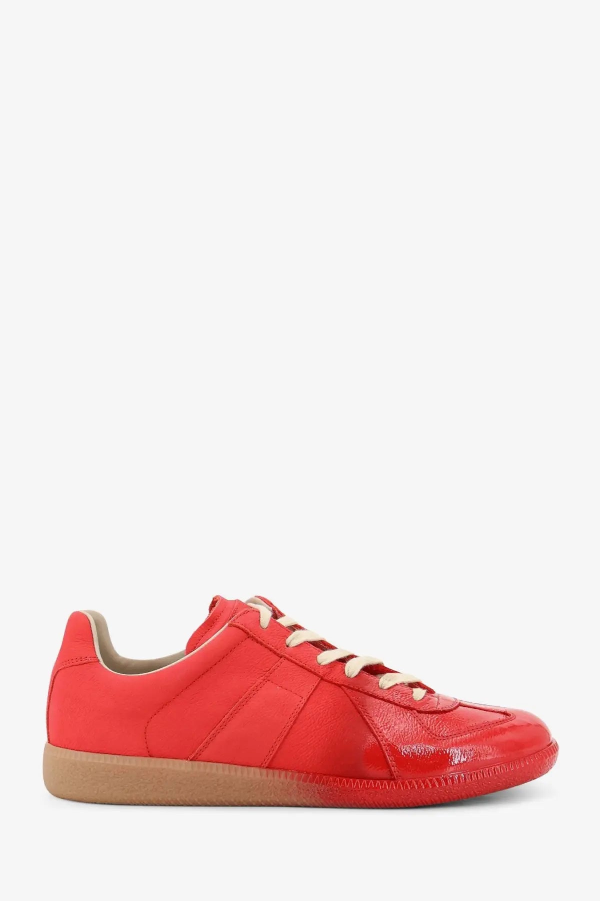 Maison Margiela men’s replica leather sneaker in vibrant red matte with cream laces and tan rubber sole