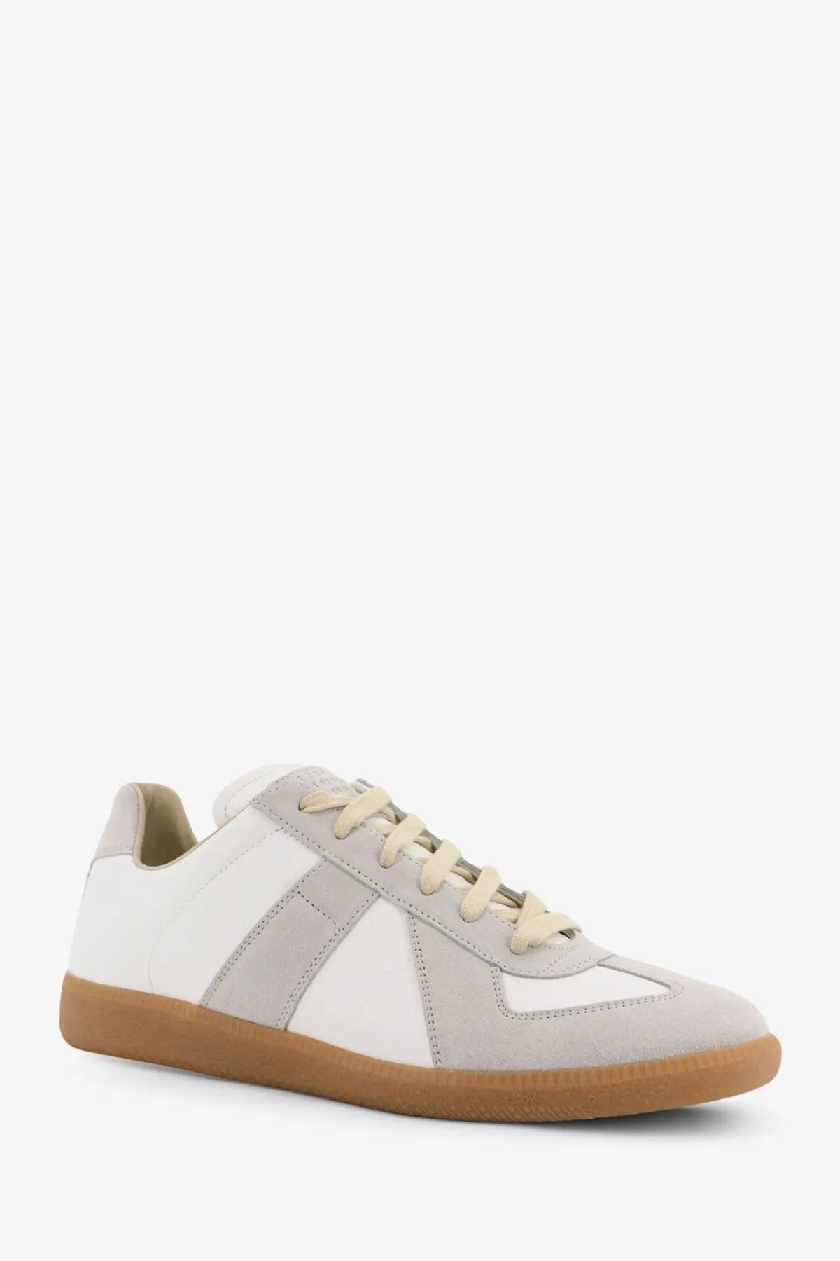 Maison Margiela men’s replica low top sneaker in white with light gray suede panels cream laces and tan rubber sole
