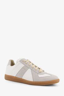 Maison Margiela men’s replica low top sneaker in white with light gray suede panels cream laces and tan rubber sole