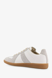 Maison Margiela men’s replica white leather and light gray suede low top sneakers with tan rubber sole