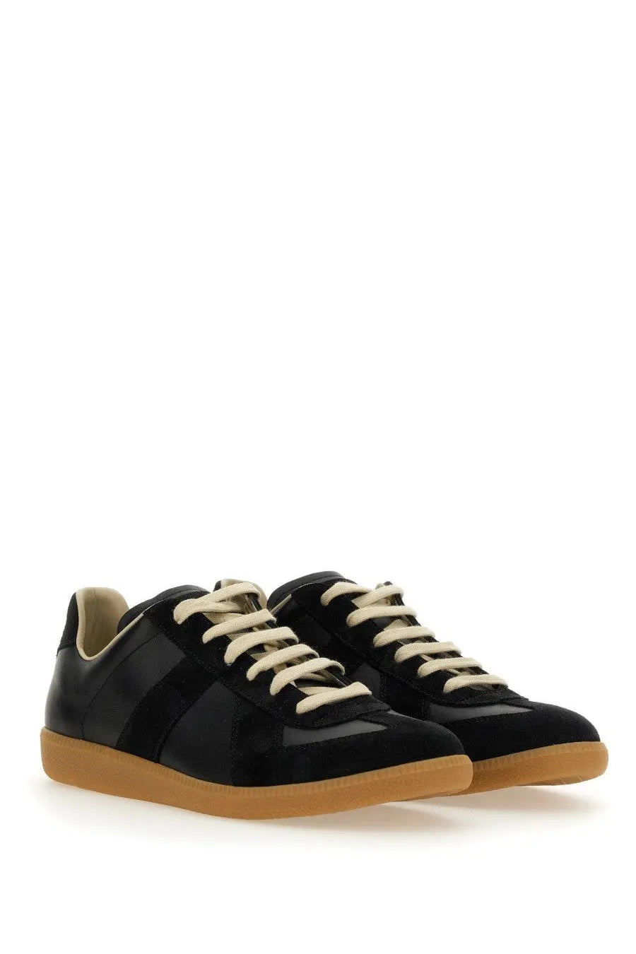 Maison Margiela men’s replica sneaker black in black matte with cream laces and tan rubber sole for casual wear