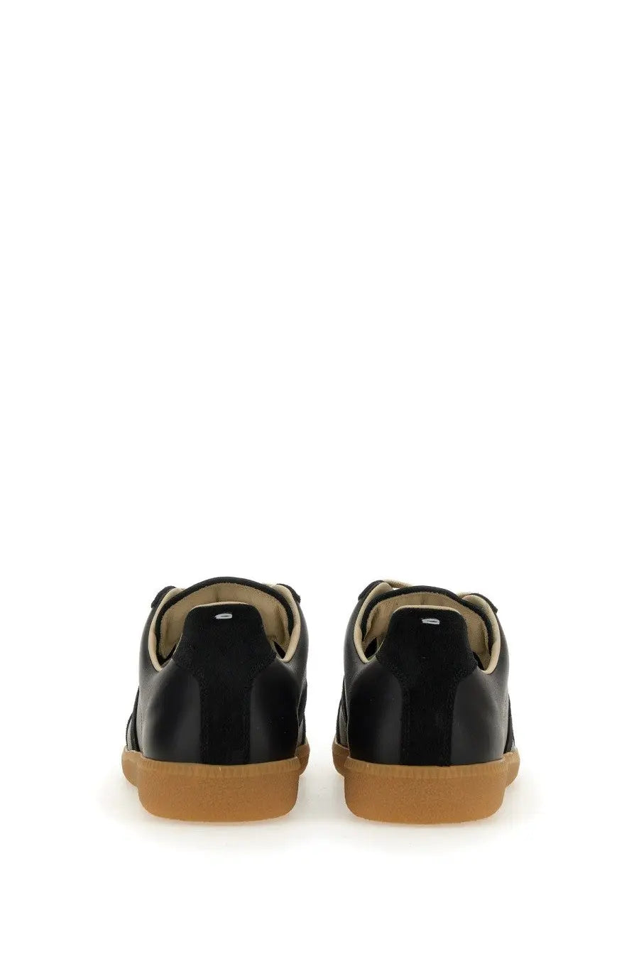 Maison Margiela men’s replica sneaker black with black patent leather, tan rubber soles, and beige lining