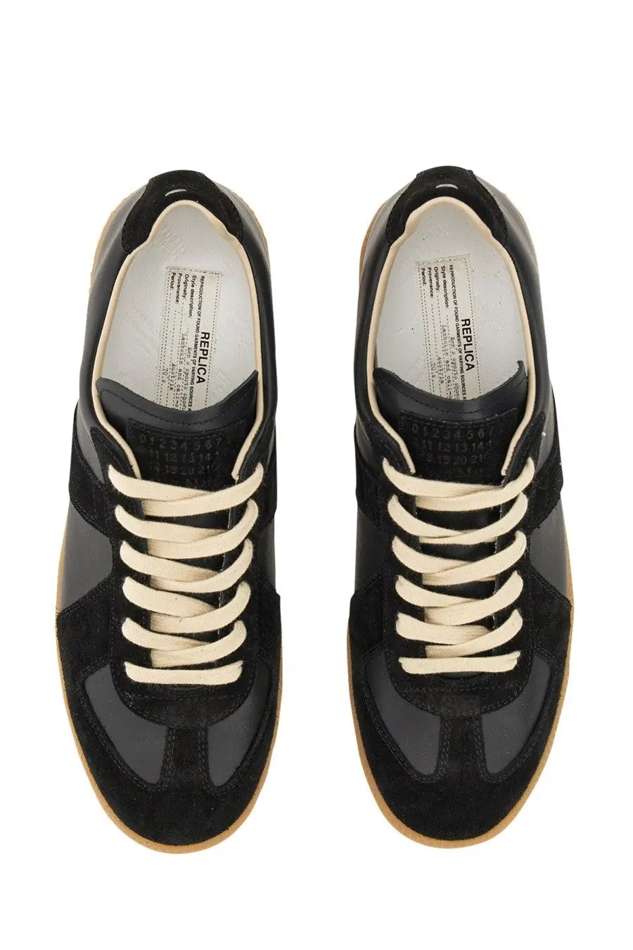 Maison Margiela men’s replica sneaker black low-top with black suede and leather and cream laces