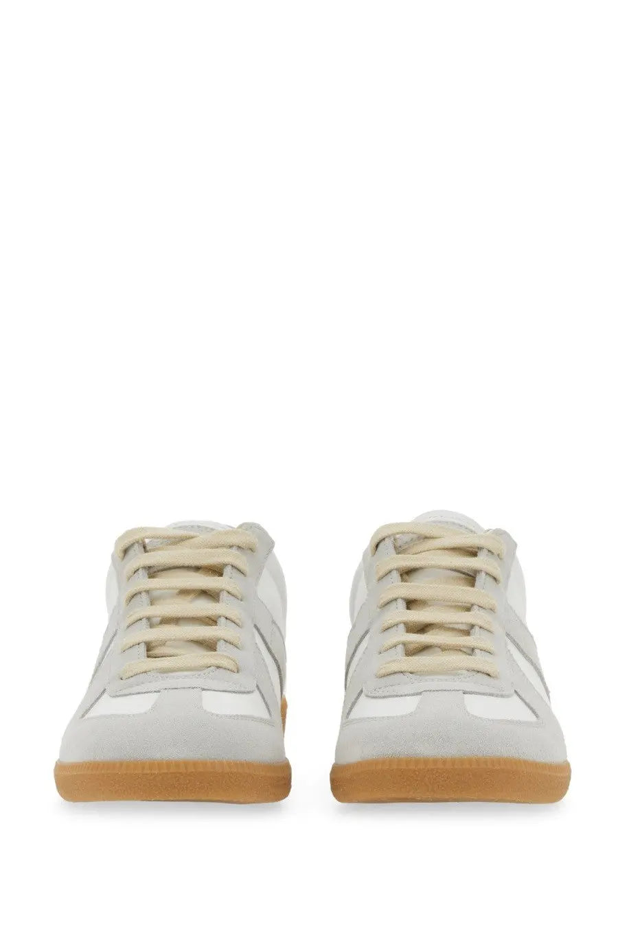 Maison Margiela men’s replica white suede sneakers with beige accents and tan rubber sole for casual wear