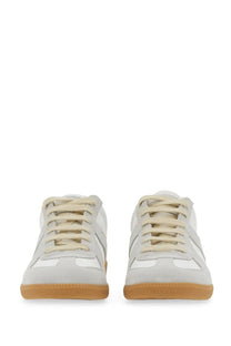 Maison Margiela men’s replica white suede sneakers with beige accents and tan rubber sole for casual wear