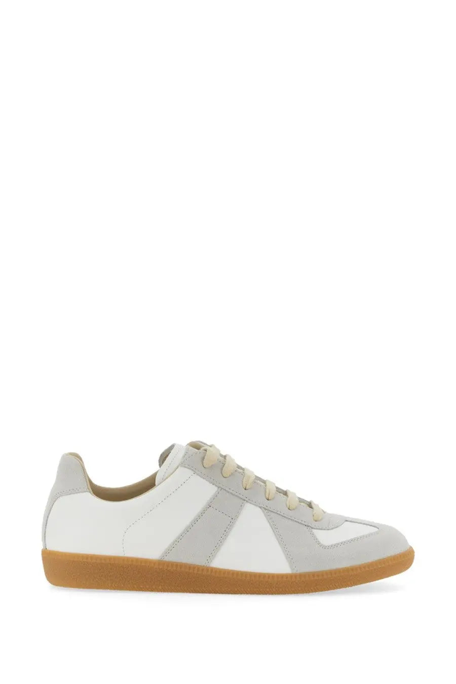 Maison Margiela men’s replica sneaker white with white and light gray suede upper and tan rubber sole