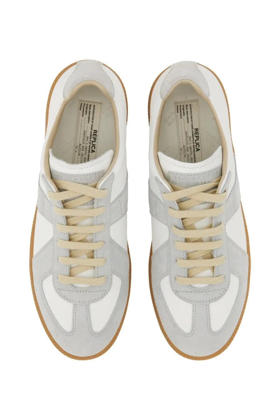 Maison Margiela men’s replica sneaker white in white and light gray suede with beige laces and tan rubber sole