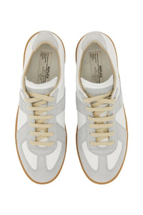 Maison Margiela men’s replica sneaker white in white and light gray suede with beige laces and tan rubber sole