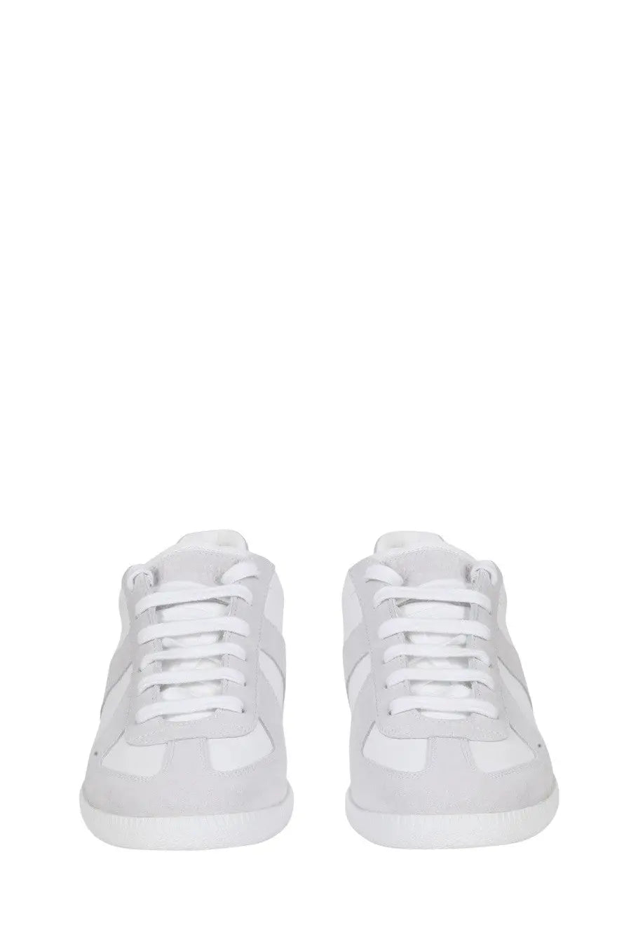 Maison Margiela men’s replica sneaker white low-top with suede and canvas blend clean white laces and matching soles