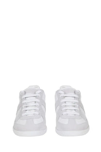 Maison Margiela men’s replica white low-top sneakers with suede and canvas blend, white laces, and matching soles