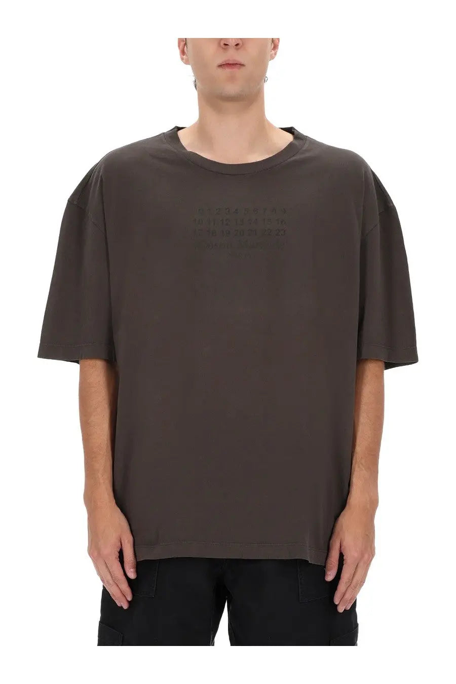 Maison Margiela men’s dark gray oversized short sleeve t-shirt with subtle faded text graphic across the chest