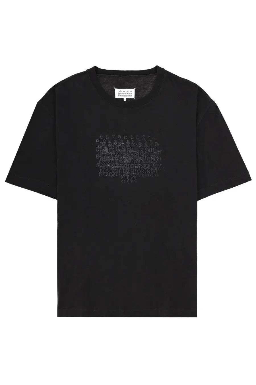 Maison Margiela men’s black short-sleeved shirt with subtle dark gray stacked text graphic print on chest
