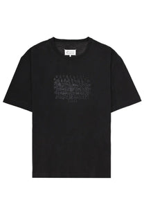 Maison Margiela men’s black short-sleeved shirt with subtle dark gray stacked text graphic print on chest