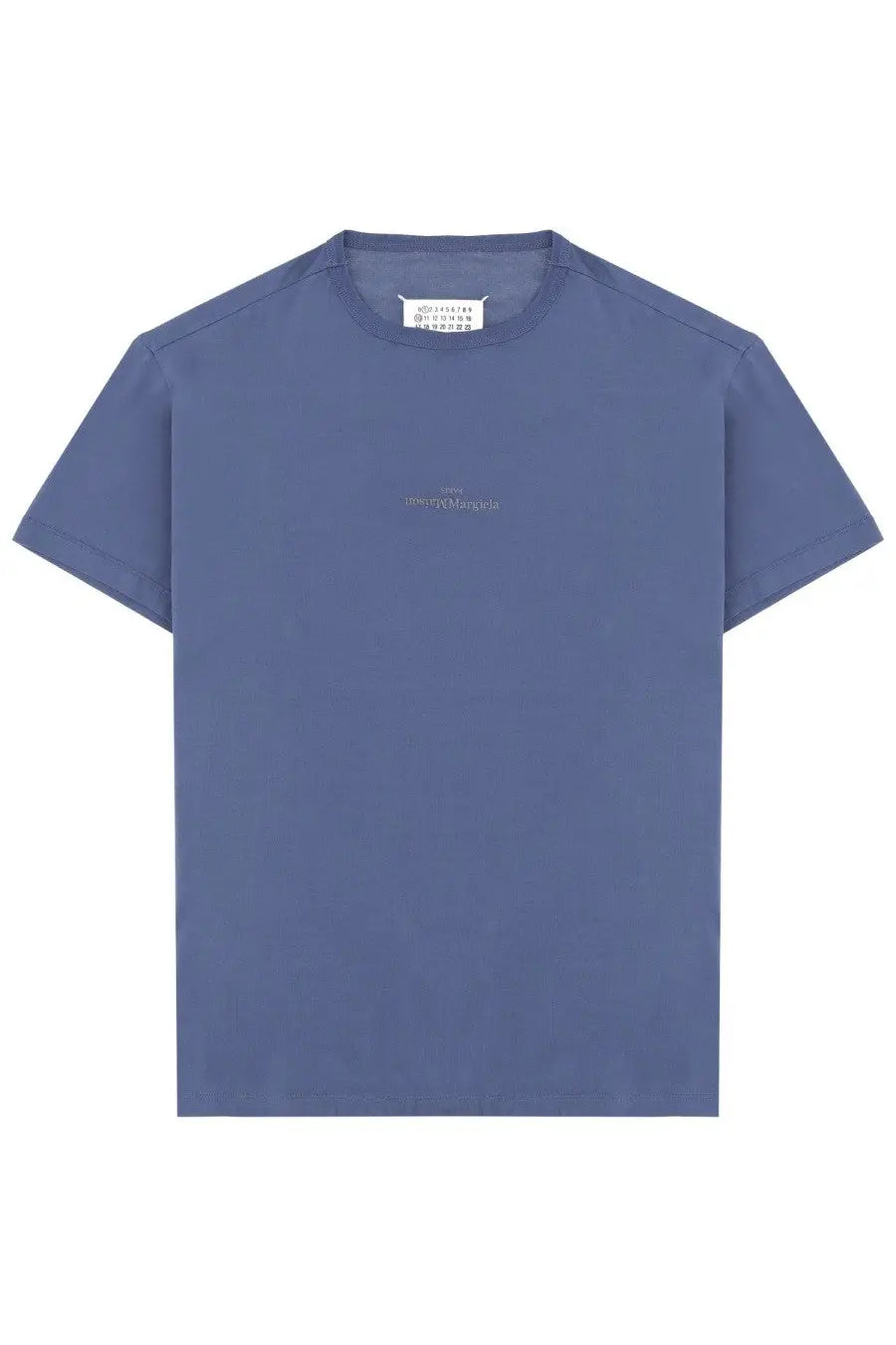 Maison Margiela men’s minimalist blue cotton t-shirt with subtle embroidered logo and branded neckline tag