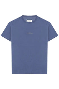 Maison Margiela men’s minimalist blue cotton t-shirt with subtle embroidered logo and branded neckline tag
