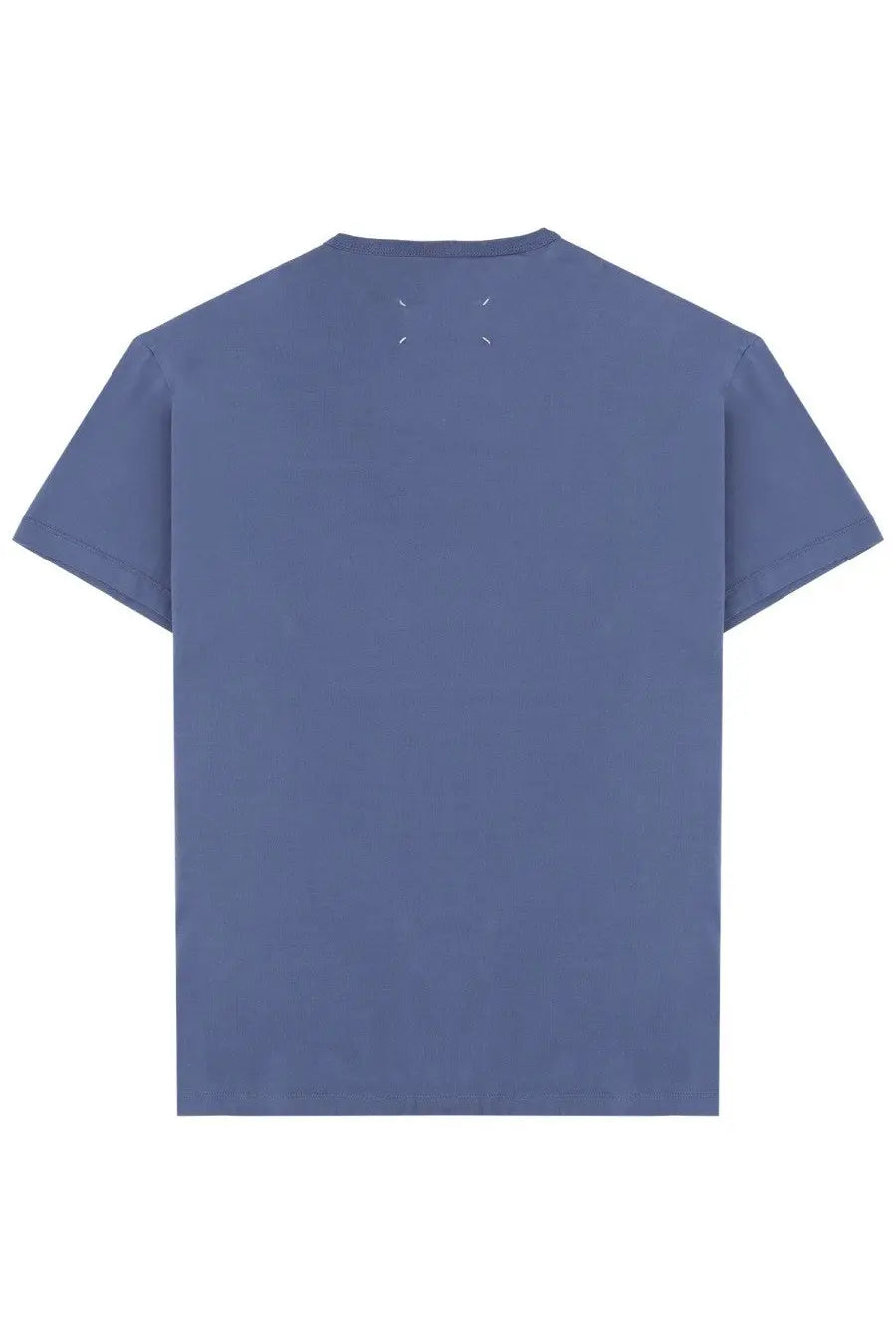 Maison Margiela men’s blue short-sleeved cotone shirt with minimalist design and white stitching at neckline