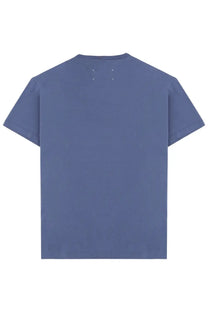Maison Margiela men’s blue short-sleeved cotone shirt with minimalist design and white stitching at neckline