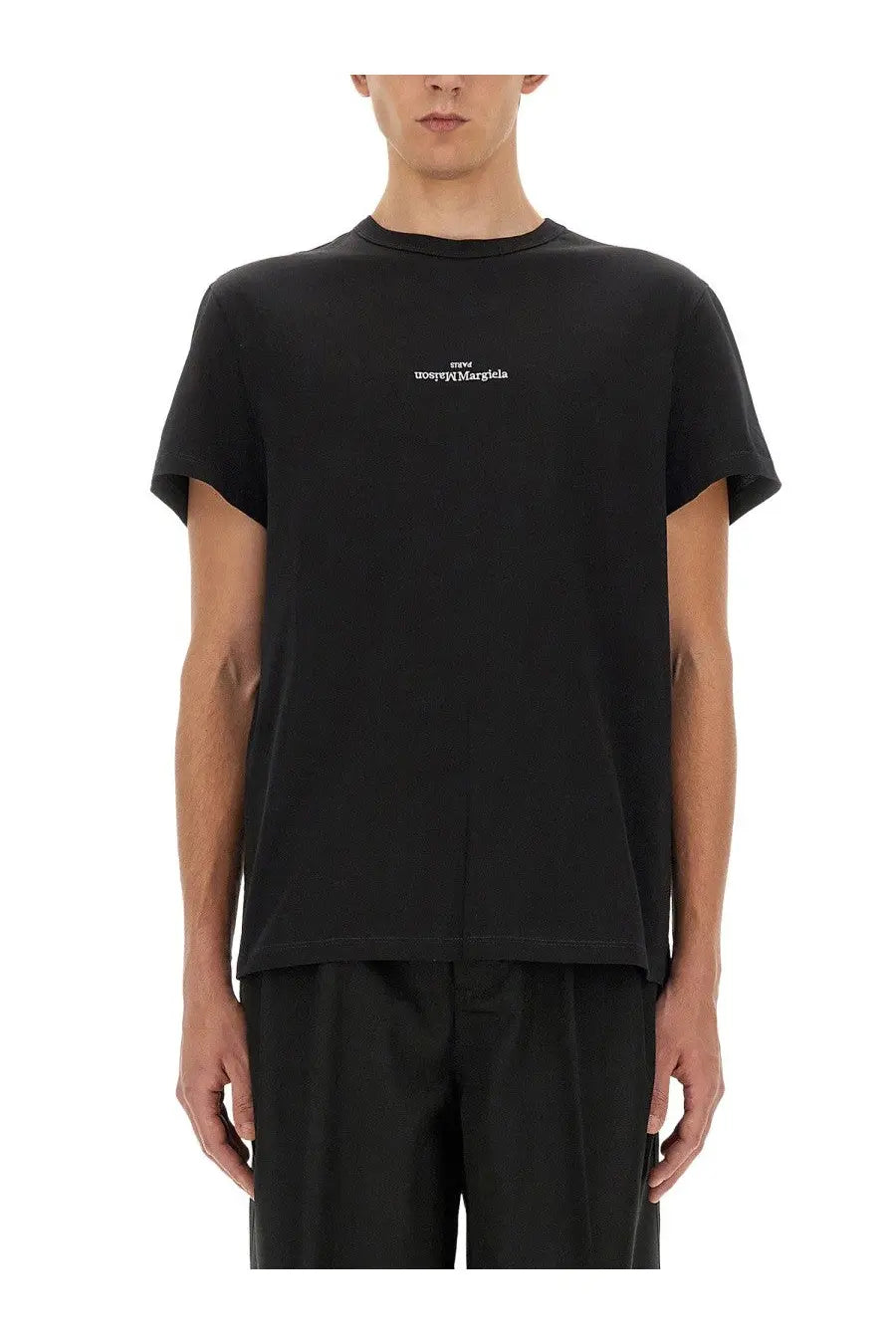 Maison Margiela men’s black short-sleeved cotton t-shirt with subtle white embroidered logo across the chest