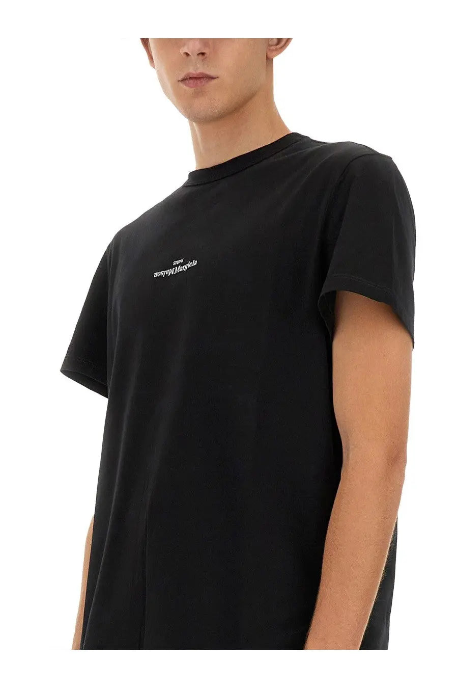 Maison Margiela men’s black short-sleeved cotton t-shirt with white embroidered text on the left chest area multicolor design