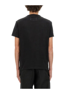 Maison margiela men’s black short-sleeved cotone shirt with distinctive white stitching at the neckline
