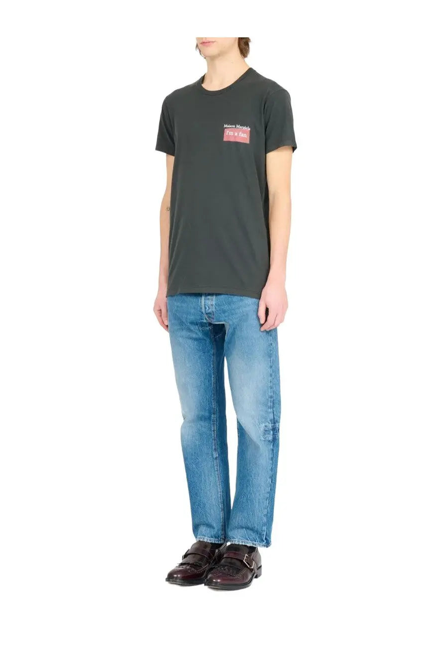 Maison Margiela men’s grey short-sleeved t-shirt with a small red rectangular logo on the chest