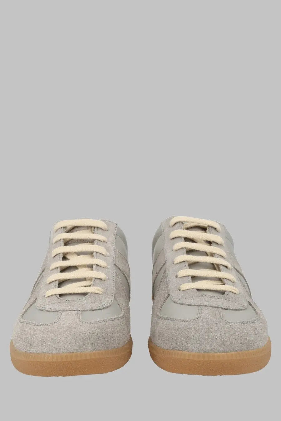 Maison Margiela men’s sneaker replica grey light gray suede with cream laces and tan rubber sole front view