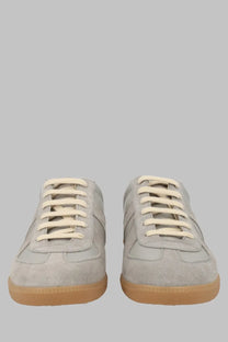 Maison Margiela men’s sneaker replica grey light gray suede with cream laces and tan rubber sole front view