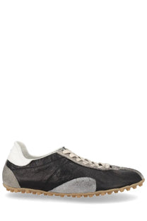 Maison Margiela men’s sneaker sprinters in black and gray suede with white laces and tan rubber sole