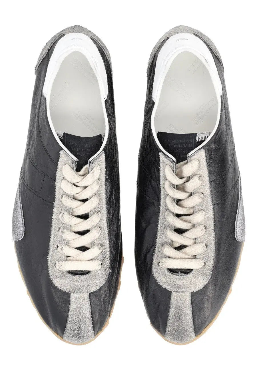Maison Margiela men’s sneaker sprinters black with black and silver suede and white laces front view