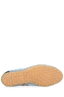 Maison Margiela men’s sneaker sprinters in light blue and gray patterned fabric with tan rubber sole and circular studs