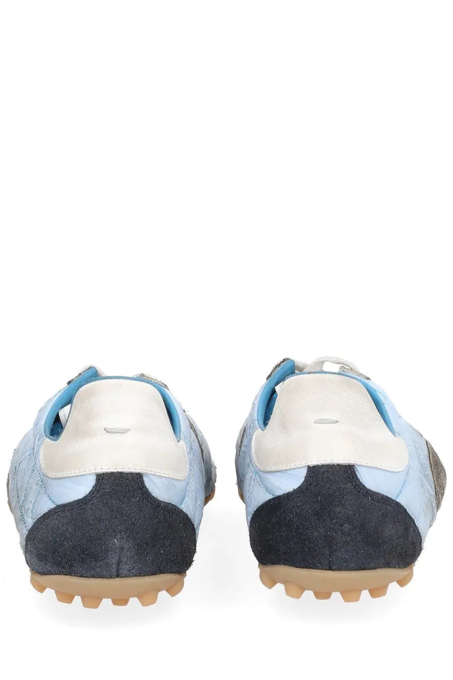 Maison Margiela men’s sneaker sprinters in light blue and navy suede with white leather accents and tan rubber sole
