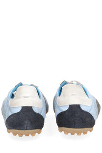 Maison Margiela men’s sneaker sprinters in light blue and navy suede with white leather accents and tan rubber sole