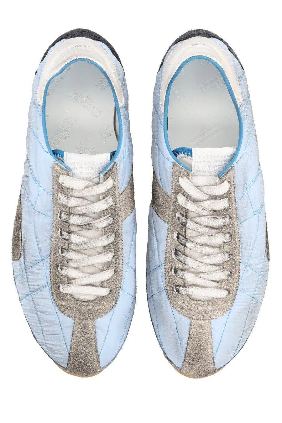 Maison Margiela men’s sneaker sprinters blue light blue quilted sneakers with silver glitter accents and white laces