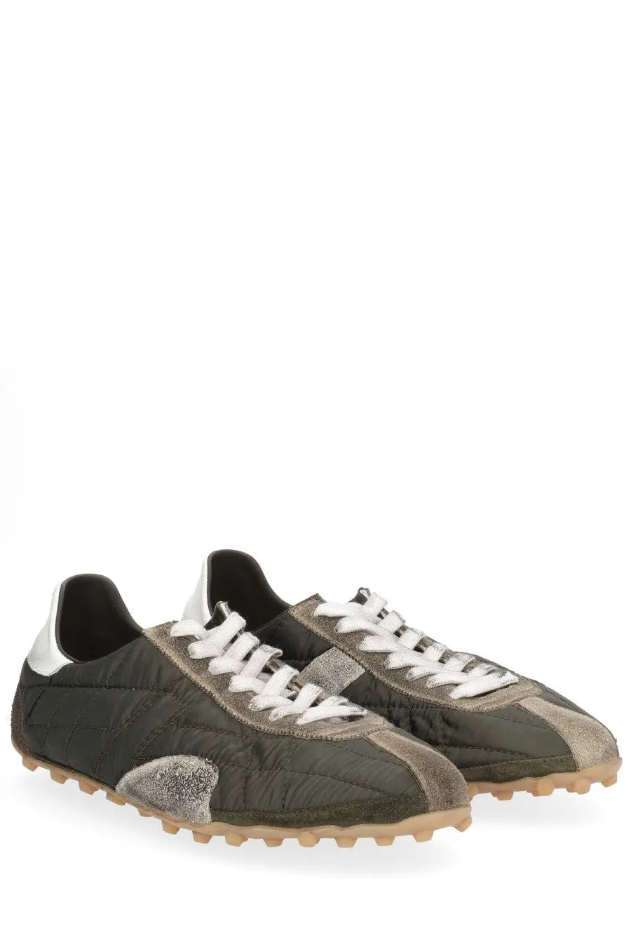 Maison Margiela men’s olive green quilted sneaker sprinters with silver glitter patches and white laces